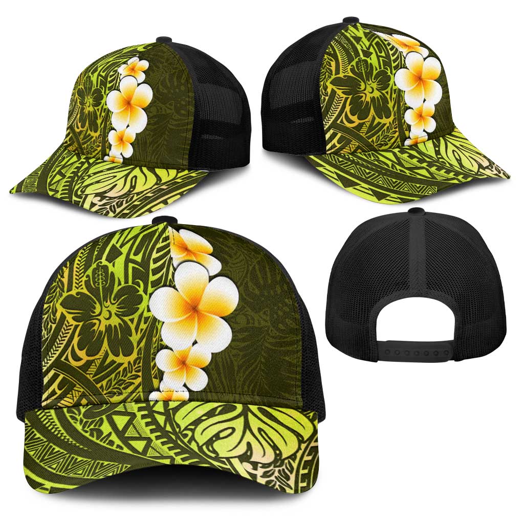Lime Green Polynesia Baseball Net Cap Plumeria Tropical Leaves With Galaxy Polynesian Art LT14 - Polynesian Pride
