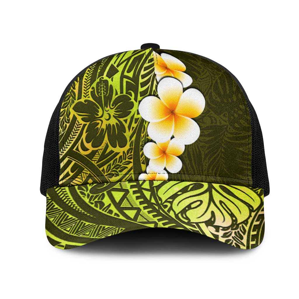 Lime Green Polynesia Mesh Trucker Cap Plumeria Tropical Leaves With Galaxy Polynesian Art - Polynesian Pride