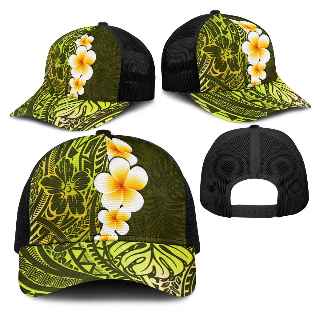 Lime Green Polynesia Mesh Trucker Cap Plumeria Tropical Leaves With Galaxy Polynesian Art - Polynesian Pride