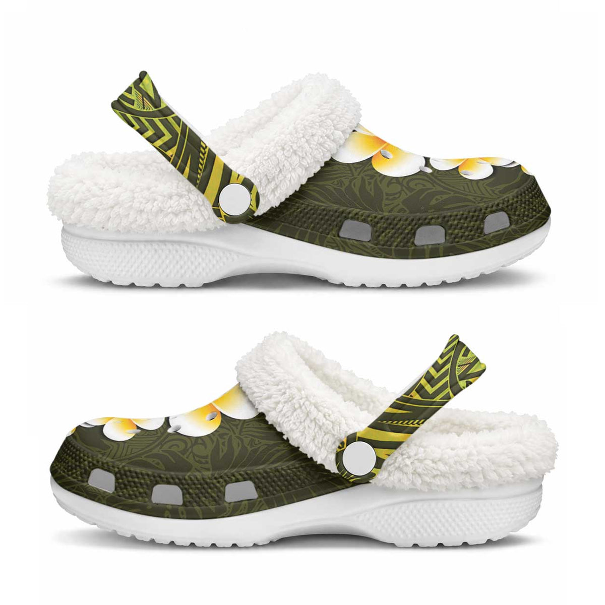 Lime Green Tropical Plumeria With Galaxy Polynesian Art Fleece Clogs