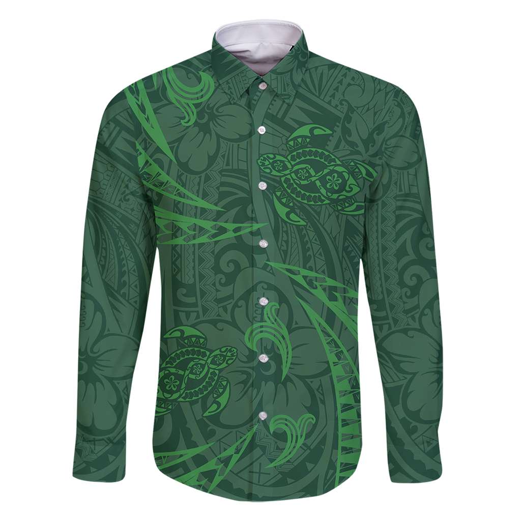 Polynesian Tribal Green Family Matching Off Shoulder Maxi Dress and Hawaiian Shirt Turtle Tattoo LT05 Dad's Shirt - Long Sleeve Green - Polynesian Pride