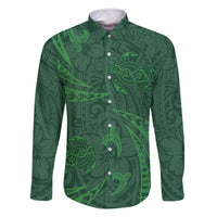Polynesian Tribal Green Family Matching Off Shoulder Maxi Dress and Hawaiian Shirt Turtle Tattoo LT05 Dad's Shirt - Long Sleeve Green - Polynesian Pride