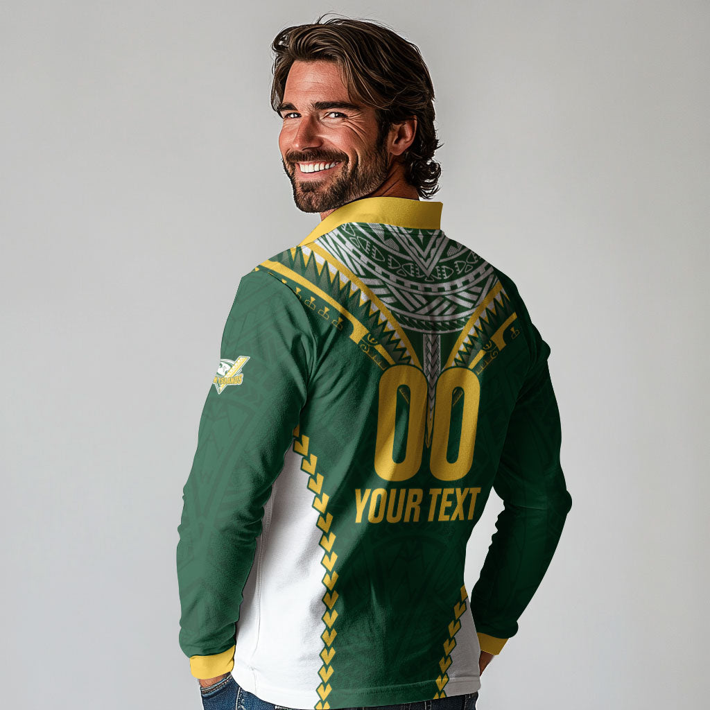 Custom Rugby League Cook Islands Long Sleeve Polo Shirt Tribal Pattern Green Version LT01 - Polynesian Pride