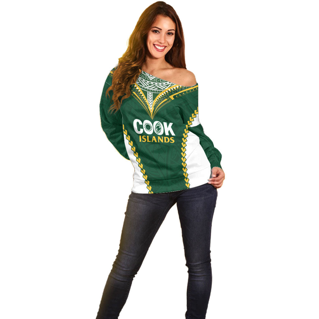 Custom Rugby League Cook Islands Off Shoulder Sweater Tribal Pattern Green Version LT01 - Polynesian Pride