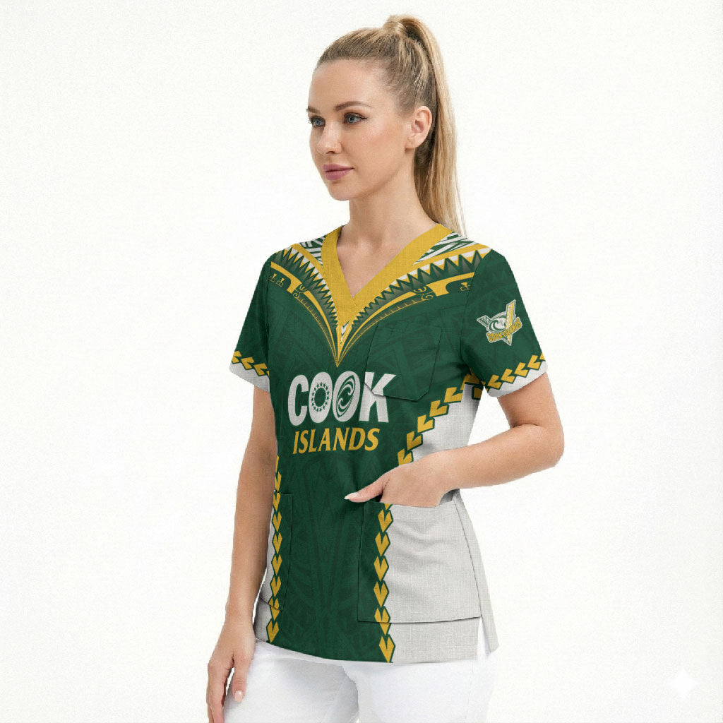 Custom Rugby League Cook Islands Scrub Top Tribal Pattern Green Version LT01 - Polynesian Pride