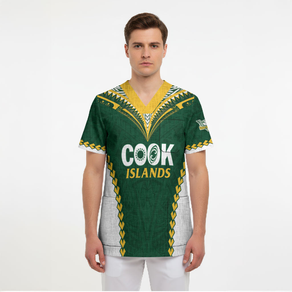Custom Rugby League Cook Islands Scrub Top Tribal Pattern Green Version LT01 - Polynesian Pride