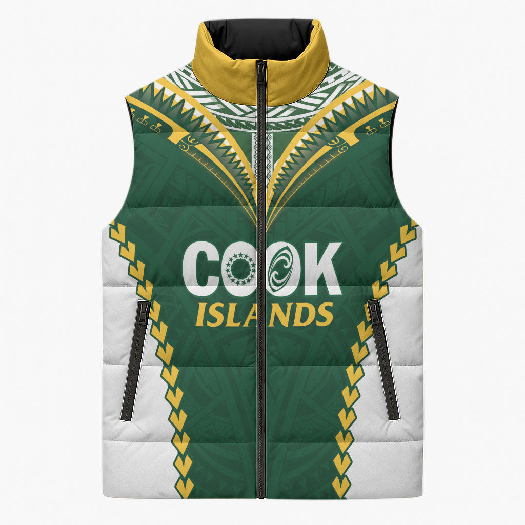 Custom Rugby League Cook Islands Sleeveless Puffer Jacket Tribal Pattern Green Version LT01 Unisex Green - Polynesian Pride