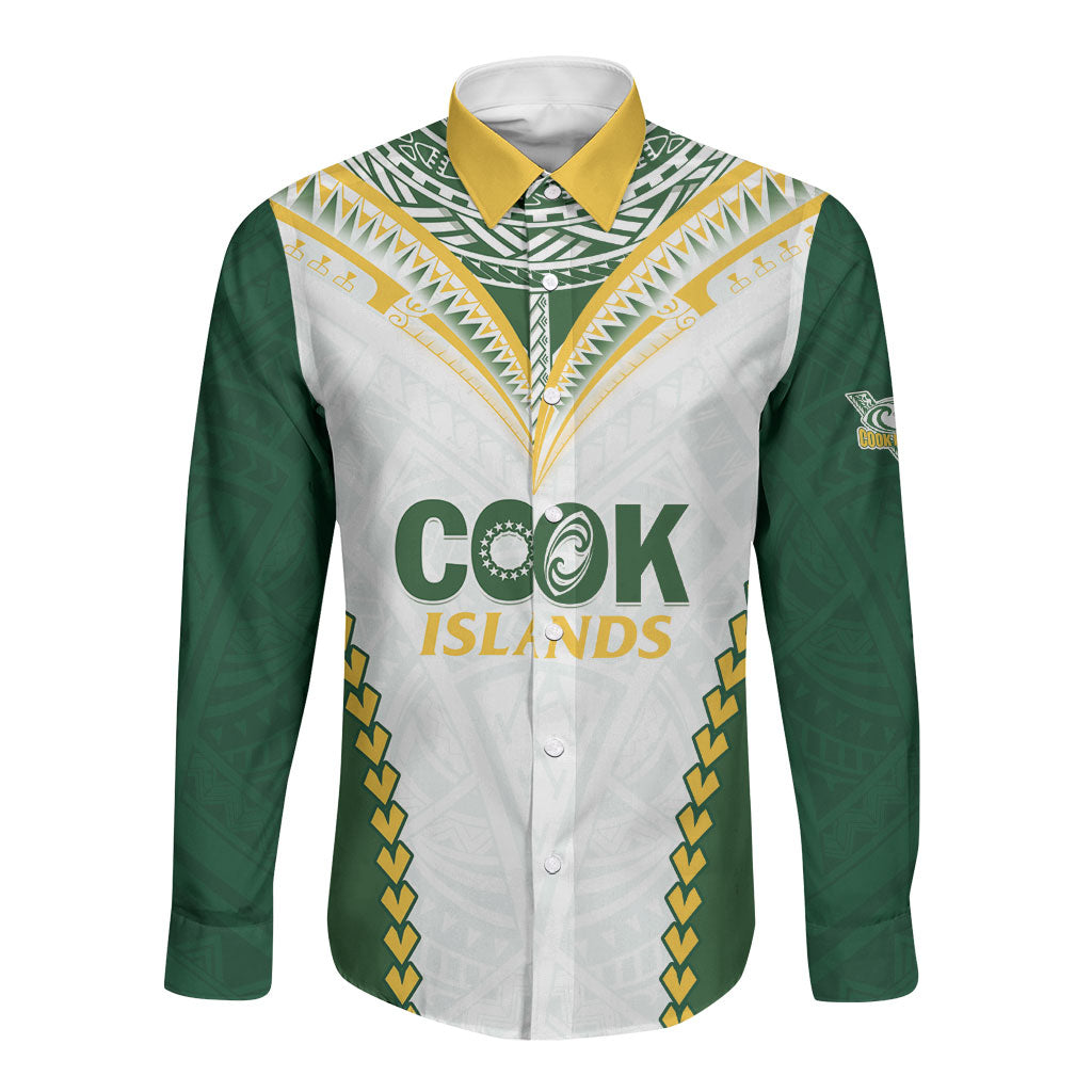 Custom Rugby League Cook Islands Long Sleeve Button Shirt Tribal Pattern White Version LT01 Unisex White - Polynesian Pride