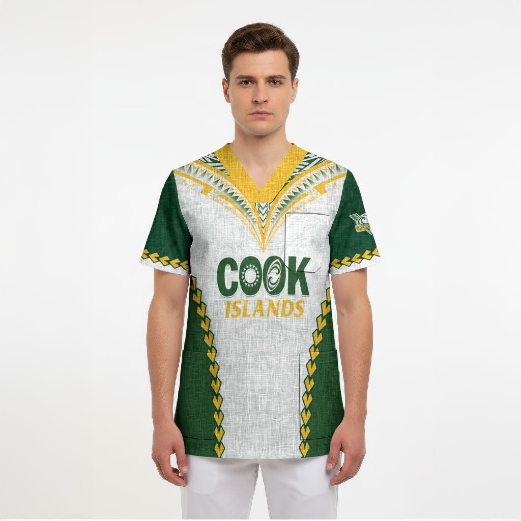 Custom Rugby League Cook Islands Scrub Top Tribal Pattern White Version LT01 - Polynesian Pride