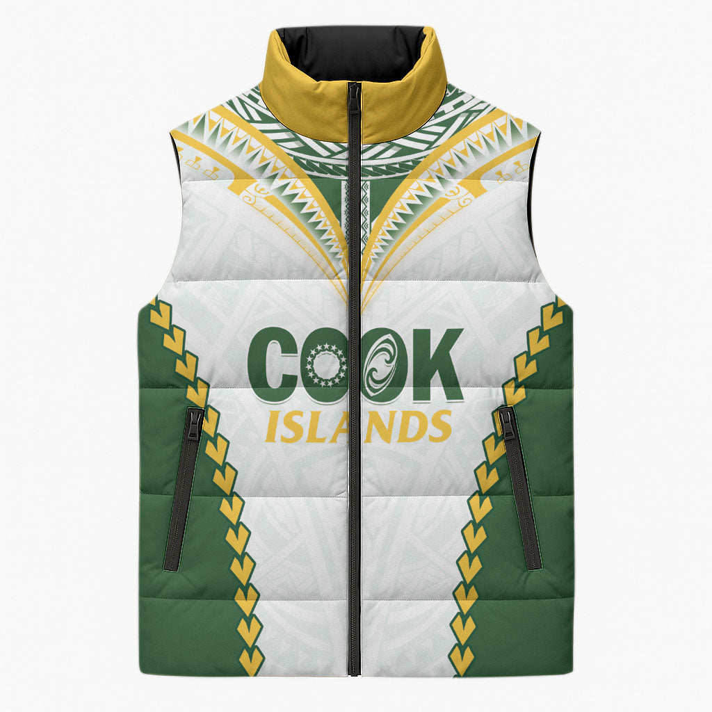 Custom Rugby League Cook Islands Sleeveless Puffer Jacket Tribal Pattern White Version LT01 Unisex White - Polynesian Pride