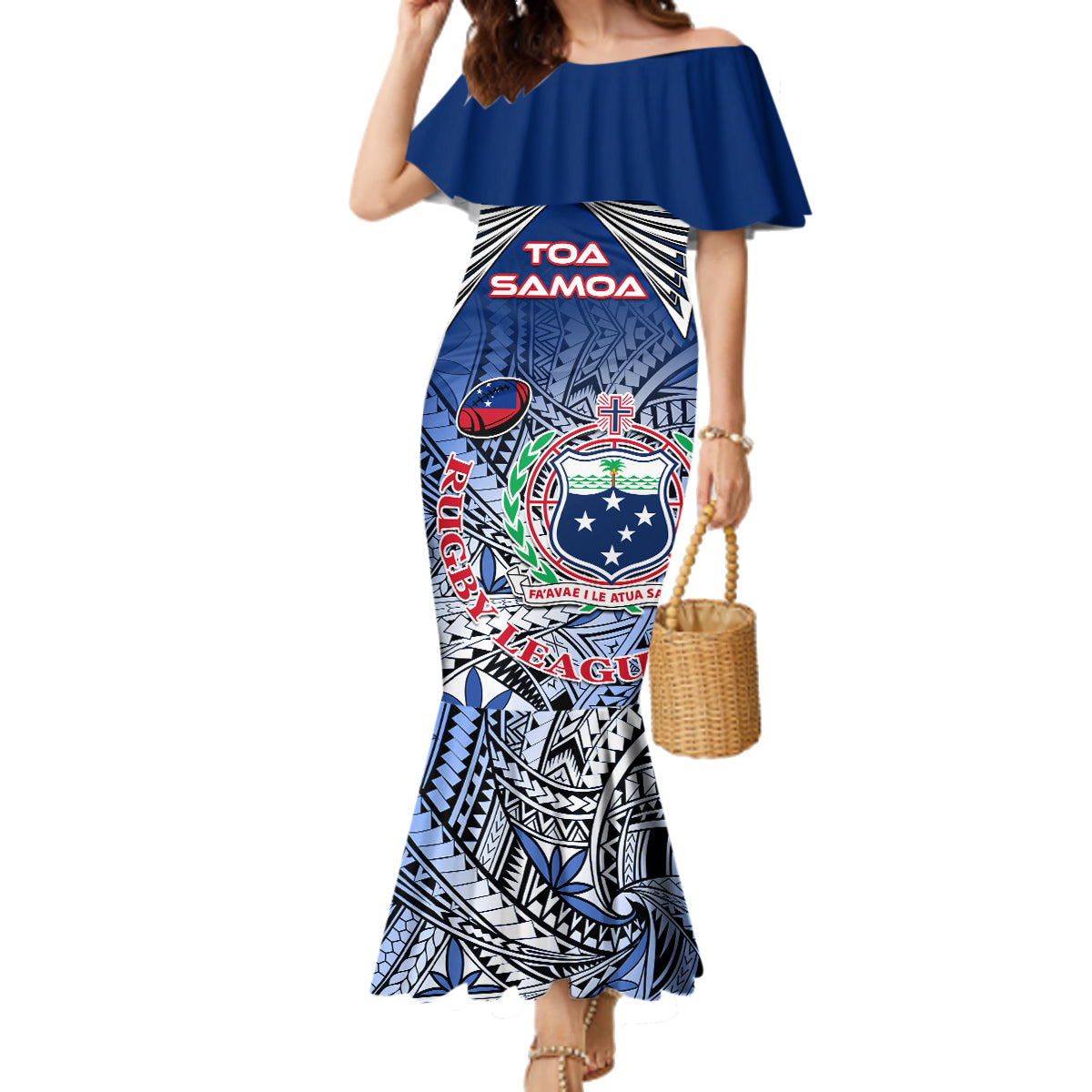 Custom Samoa Rugby Family Matching Mermaid Dress and Hawaiian Shirt Toa Samoa Myriad Patterns LT01 Mom's Dress Blue - Polynesian Pride