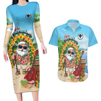 Personalized Hawaii Golf Christmas Couples Matching Long Sleeve Bodycon Dress and Hawaiian Shirt Mele Kalikimaka Funny Golfer Santa LT01 Blue - Polynesian Pride