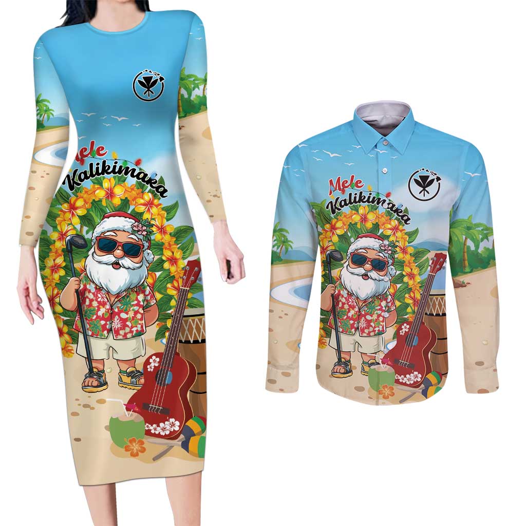 Personalized Hawaii Golf Christmas Couples Matching Long Sleeve Bodycon Dress and Long Sleeve Button Shirt Mele Kalikimaka Funny Golfer Santa LT01 Blue - Polynesian Pride