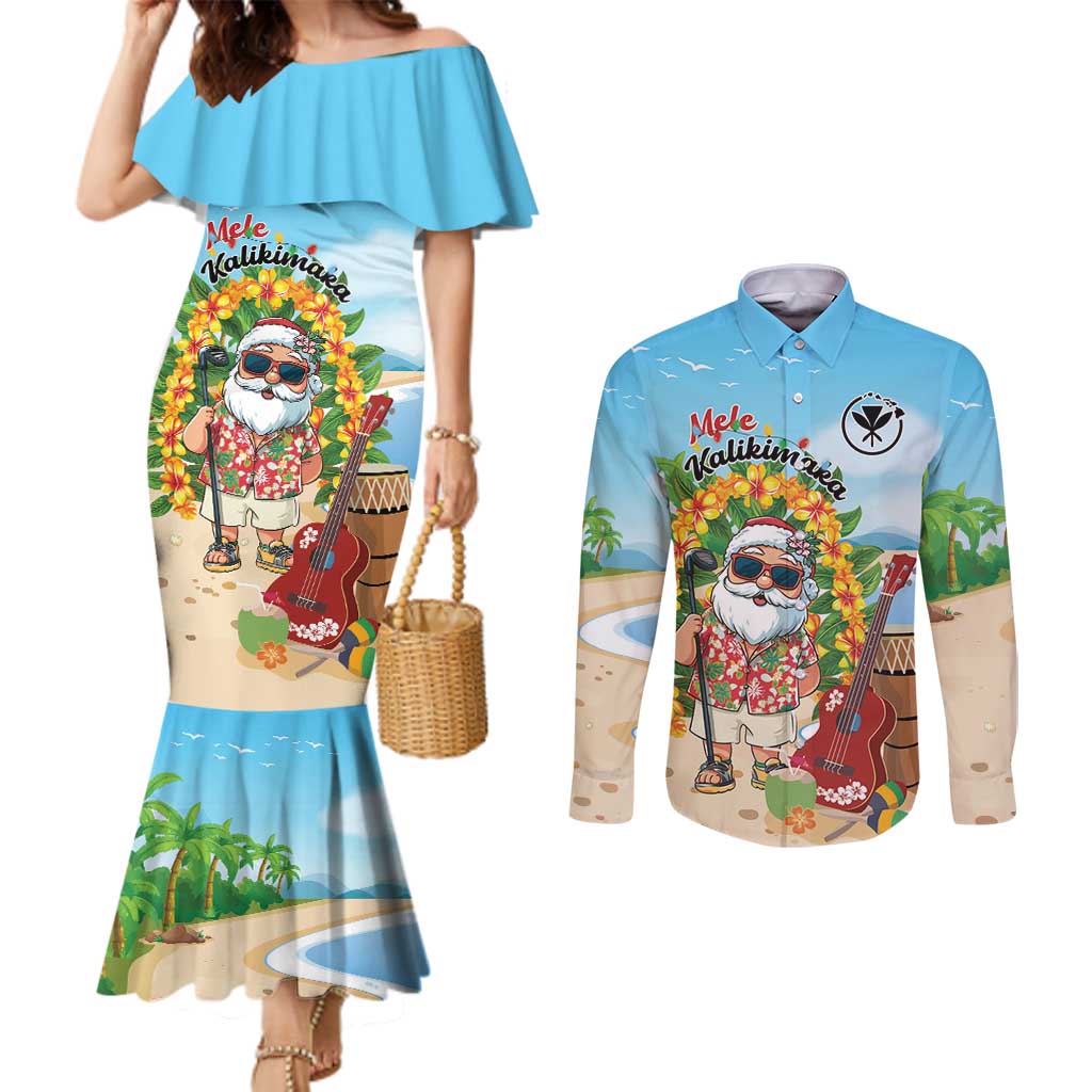 Personalized Hawaii Golf Christmas Couples Matching Mermaid Dress and Long Sleeve Button Shirt Mele Kalikimaka Funny Golfer Santa LT01 Blue - Polynesian Pride