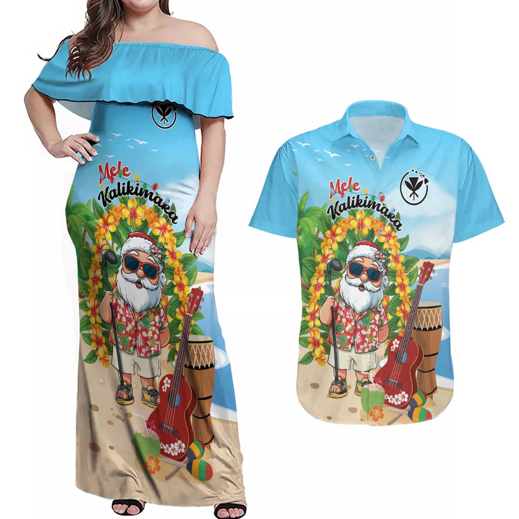 Personalized Hawaii Golf Christmas Couples Matching Off Shoulder Maxi Dress and Hawaiian Shirt Mele Kalikimaka Funny Golfer Santa LT01 Blue - Polynesian Pride