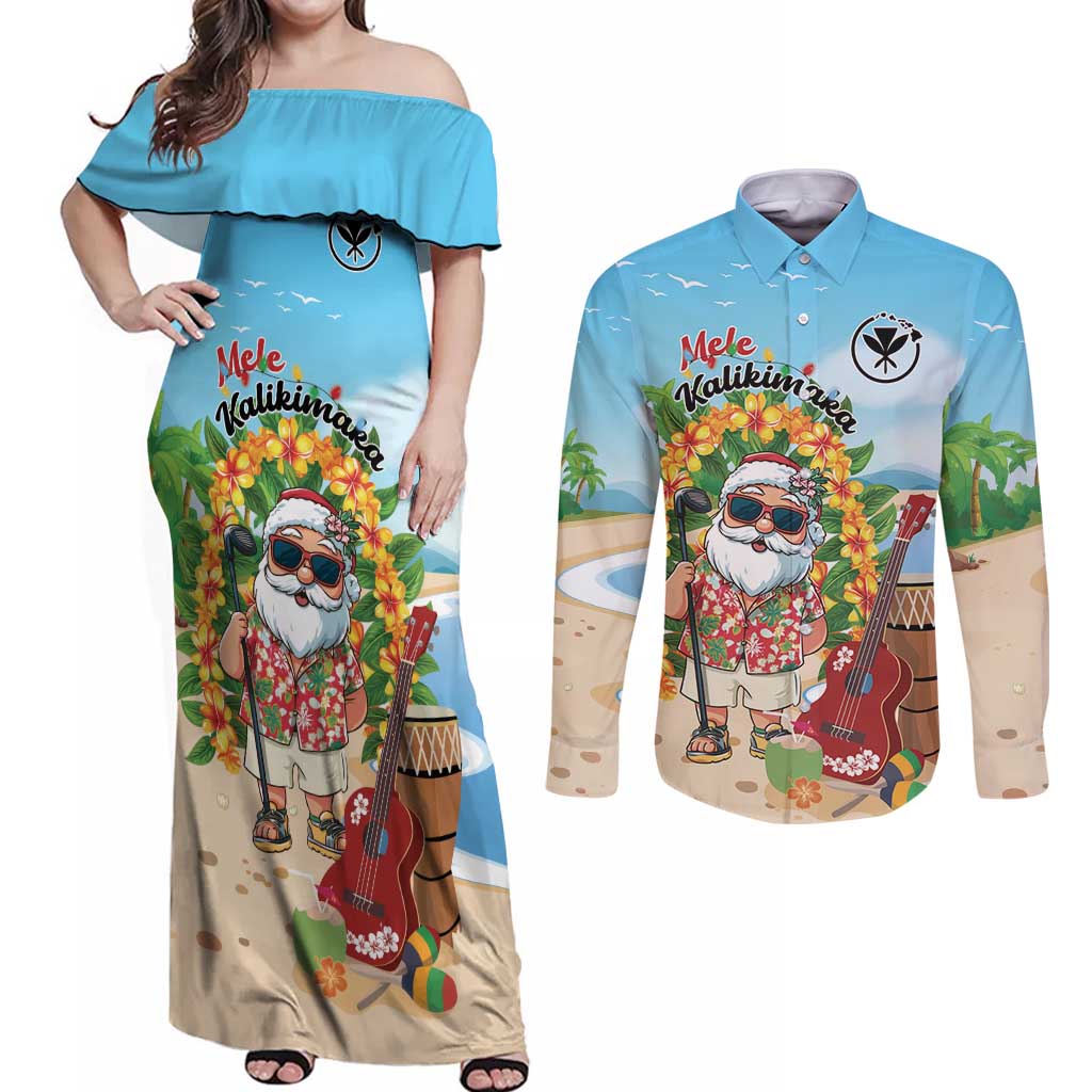Personalized Hawaii Golf Christmas Couples Matching Off Shoulder Maxi Dress and Long Sleeve Button Shirt Mele Kalikimaka Funny Golfer Santa LT01 Blue - Polynesian Pride