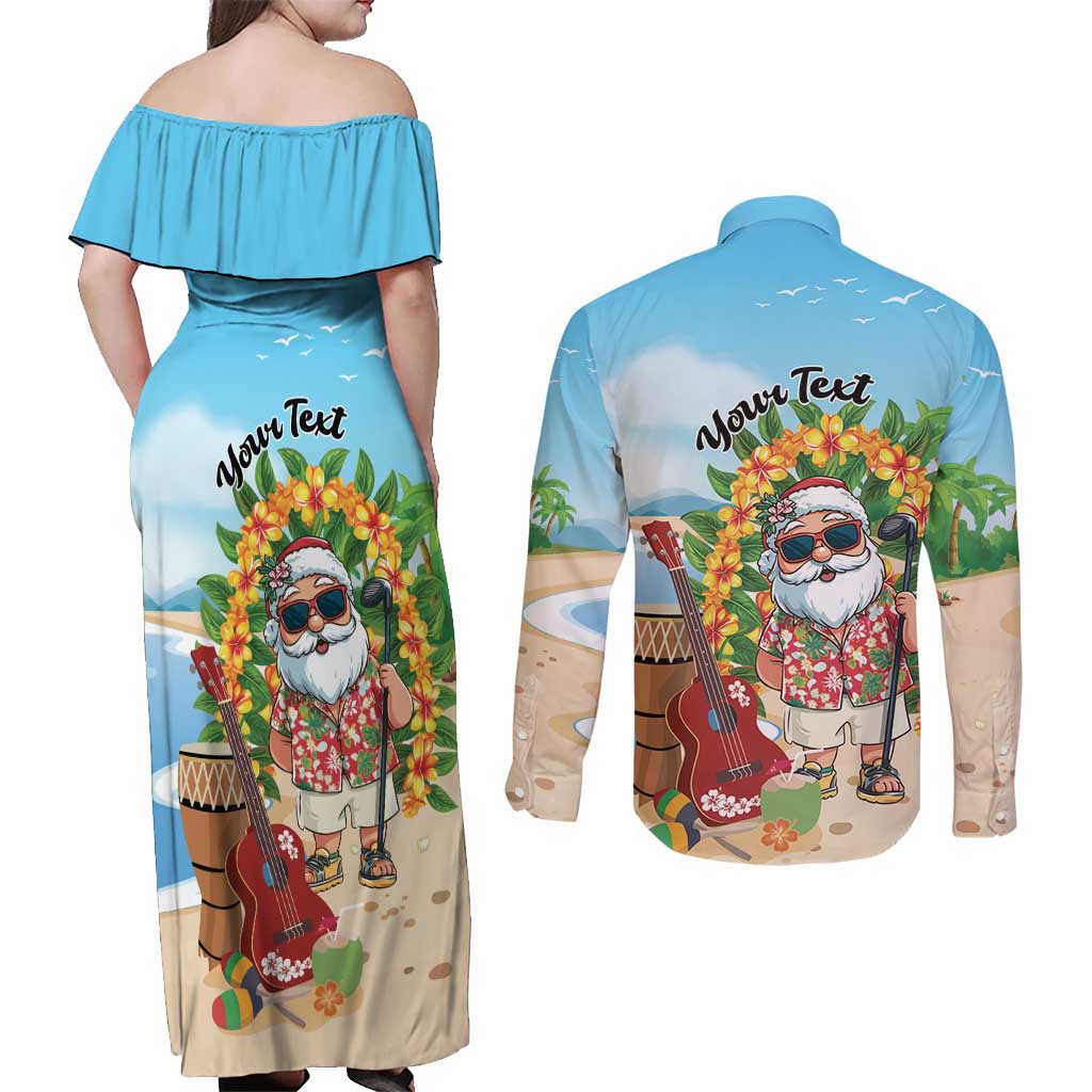 Personalized Hawaii Golf Christmas Couples Matching Off Shoulder Maxi Dress and Long Sleeve Button Shirt Mele Kalikimaka Funny Golfer Santa LT01 - Polynesian Pride