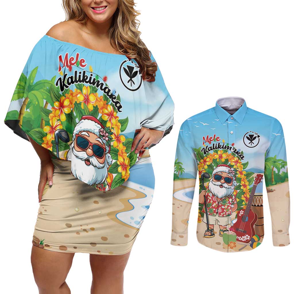 Personalized Hawaii Golf Christmas Couples Matching Off Shoulder Short Dress and Long Sleeve Button Shirt Mele Kalikimaka Funny Golfer Santa LT01 Blue - Polynesian Pride