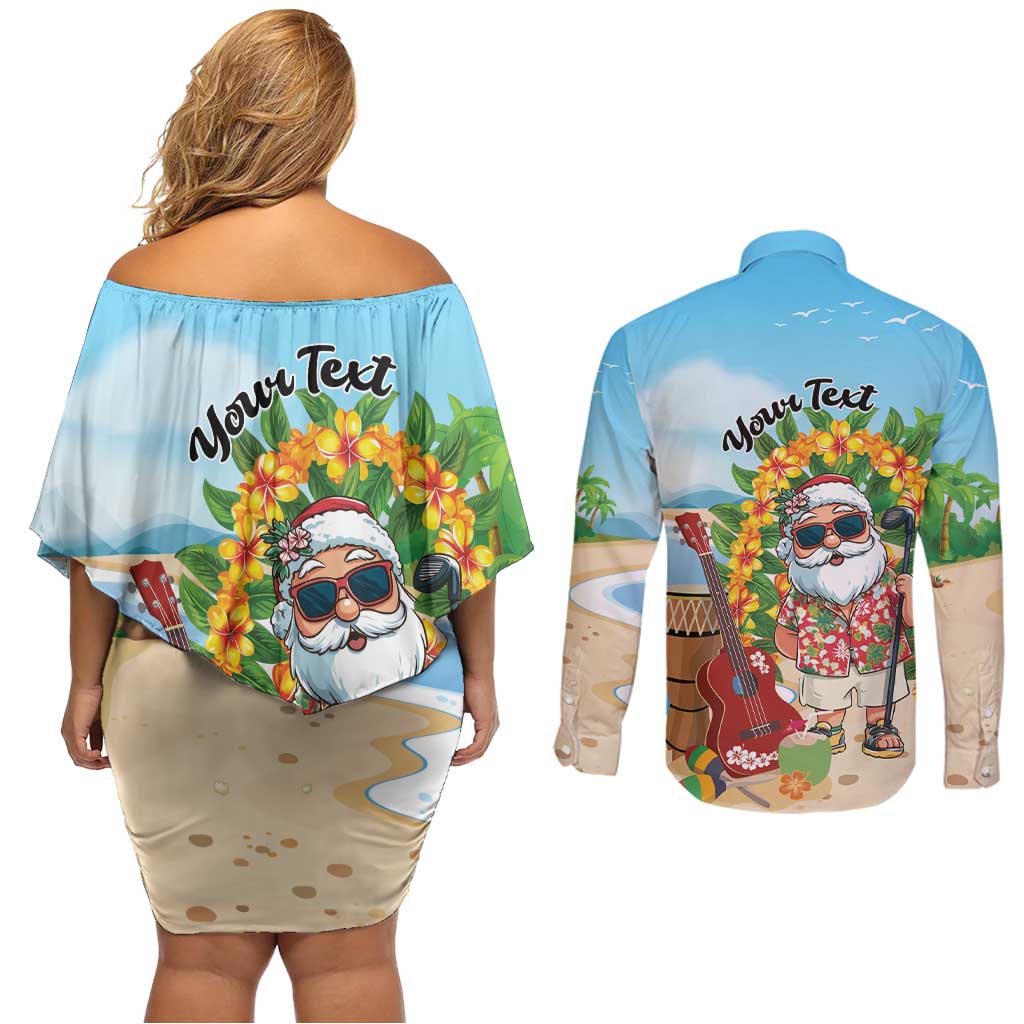 Personalized Hawaii Golf Christmas Couples Matching Off Shoulder Short Dress and Long Sleeve Button Shirt Mele Kalikimaka Funny Golfer Santa LT01 - Polynesian Pride