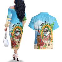 Personalized Hawaii Golf Christmas Couples Matching Off The Shoulder Long Sleeve Dress and Hawaiian Shirt Mele Kalikimaka Funny Golfer Santa LT01 - Polynesian Pride