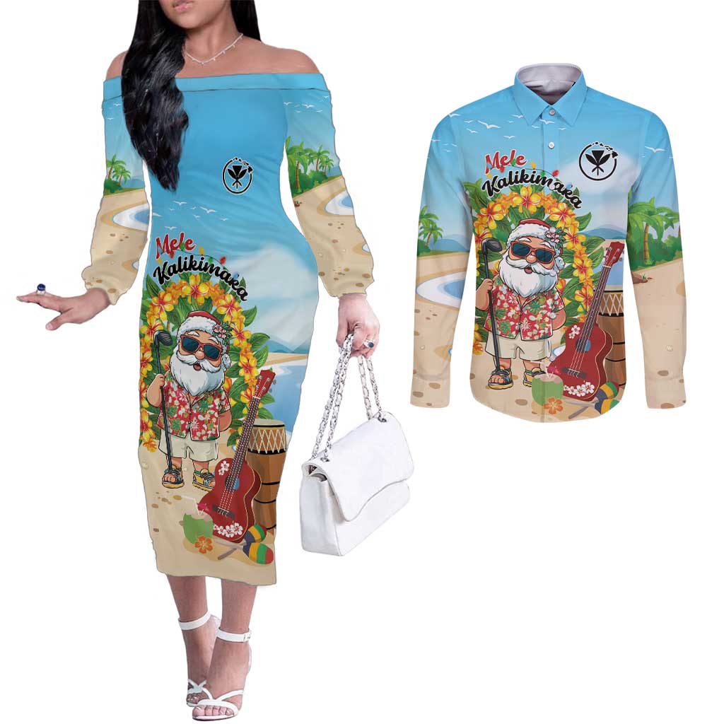 Personalized Hawaii Golf Christmas Couples Matching Off The Shoulder Long Sleeve Dress and Long Sleeve Button Shirt Mele Kalikimaka Funny Golfer Santa LT01 Blue - Polynesian Pride