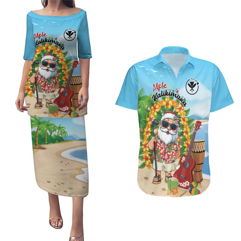 Personalized Hawaii Golf Christmas Couples Matching Puletasi and Hawaiian Shirt Mele Kalikimaka Funny Golfer Santa LT01 Blue - Polynesian Pride