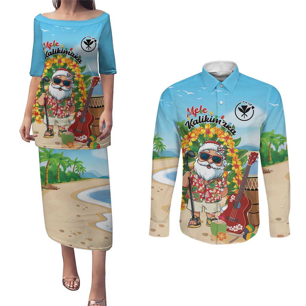 Personalized Hawaii Golf Christmas Couples Matching Puletasi and Long Sleeve Button Shirt Mele Kalikimaka Funny Golfer Santa LT01 Blue - Polynesian Pride