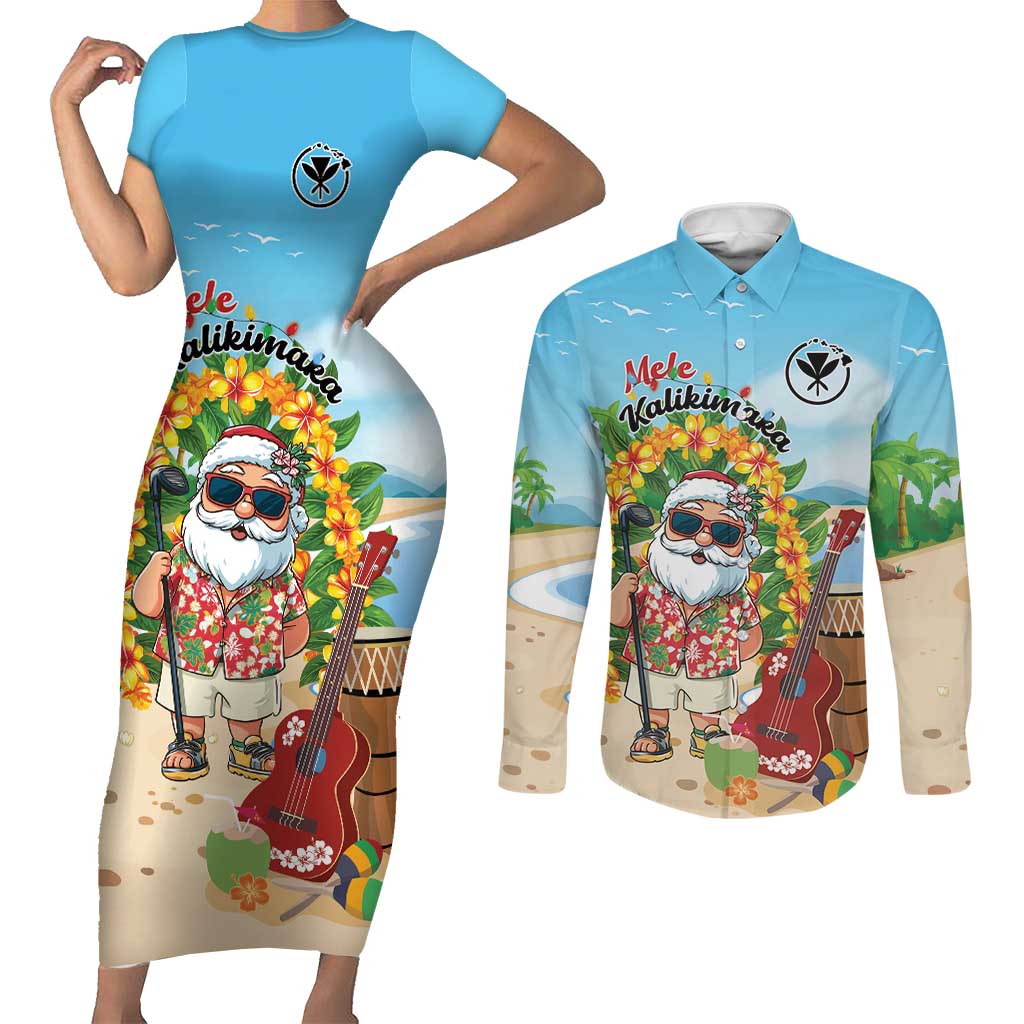 Personalized Hawaii Golf Christmas Couples Matching Short Sleeve Bodycon Dress and Long Sleeve Button Shirt Mele Kalikimaka Funny Golfer Santa LT01 Blue - Polynesian Pride