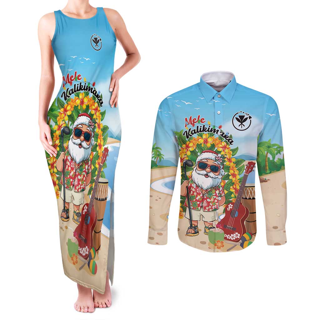 Personalized Hawaii Golf Christmas Couples Matching Tank Maxi Dress and Long Sleeve Button Shirt Mele Kalikimaka Funny Golfer Santa LT01 Blue - Polynesian Pride