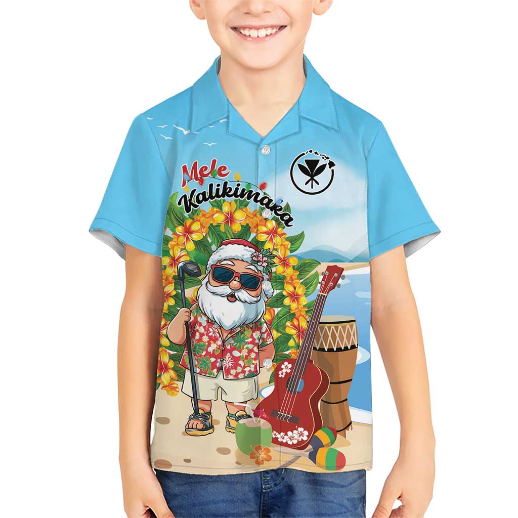 Personalized Hawaii Golf Christmas Family Matching Mermaid Dress and Hawaiian Shirt Mele Kalikimaka Funny Golfer Santa LT01 Son's Shirt Blue - Polynesian Pride