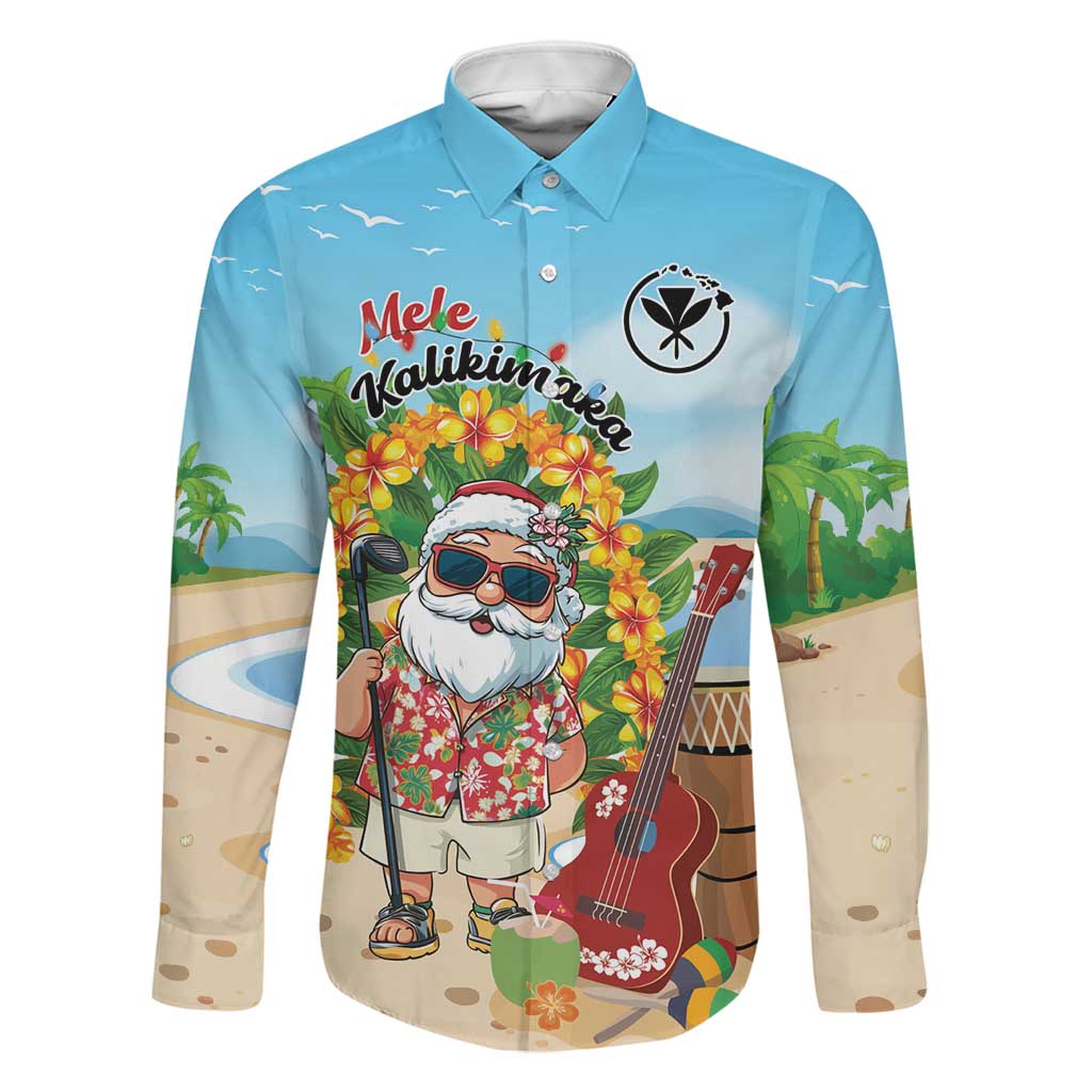Personalized Hawaii Golf Christmas Family Matching Off Shoulder Maxi Dress and Hawaiian Shirt Mele Kalikimaka Funny Golfer Santa LT01 Dad's Shirt - Long Sleeve Blue - Polynesian Pride