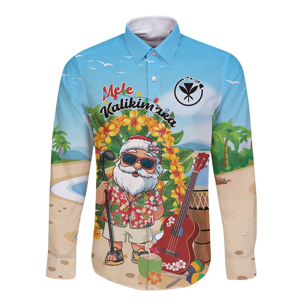 Personalized Hawaii Golf Christmas Long Sleeve Button Shirt Mele Kalikimaka Funny Golfer Santa LT01 Unisex Blue - Polynesian Pride