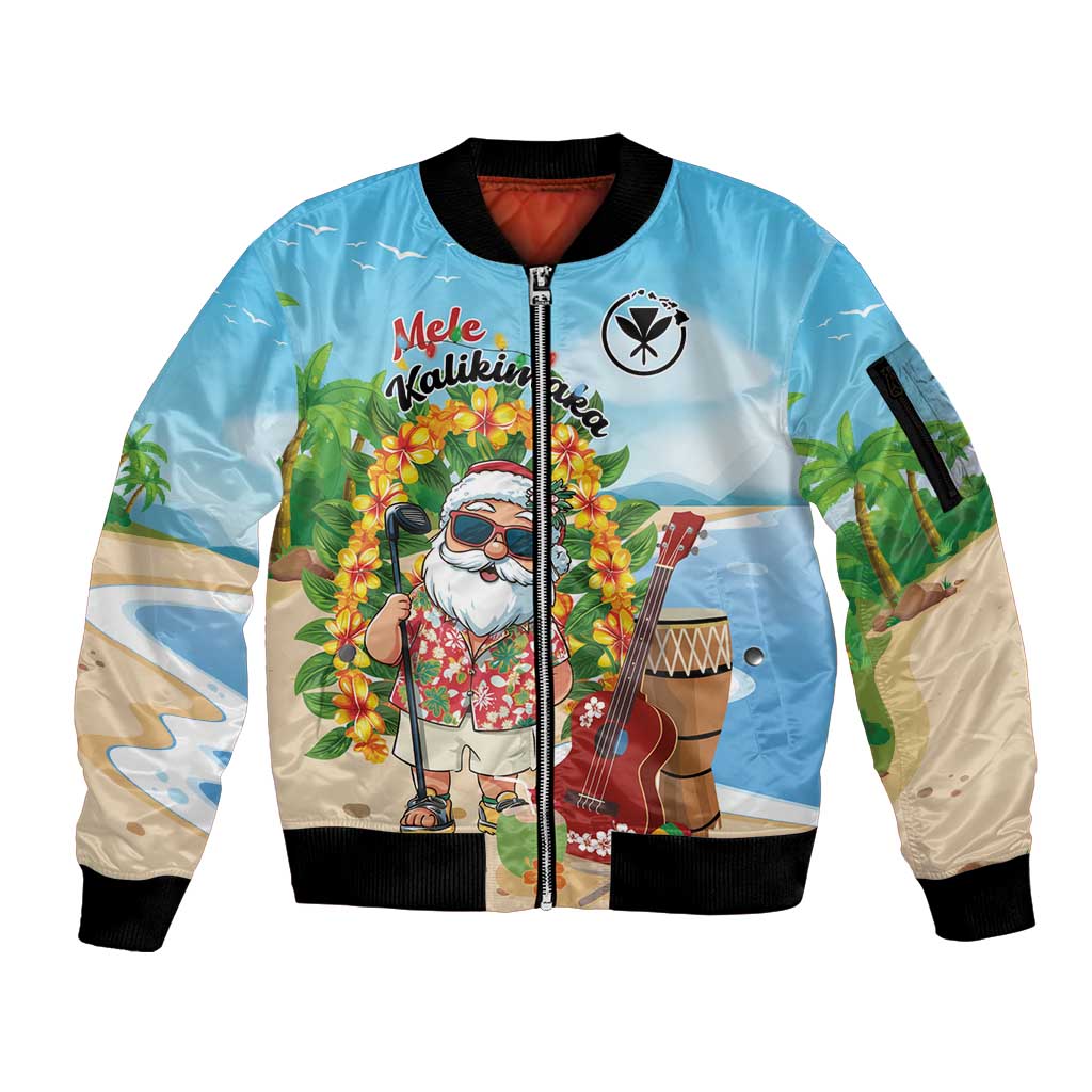 Personalized Hawaii Golf Christmas Sleeve Zip Bomber Jacket Mele Kalikimaka Funny Golfer Santa LT01 Unisex Blue - Polynesian Pride