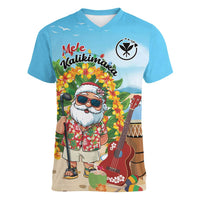 Personalized Hawaii Golf Christmas Women V-Neck T-Shirt Mele Kalikimaka Funny Golfer Santa LT01 Female Blue - Polynesian Pride