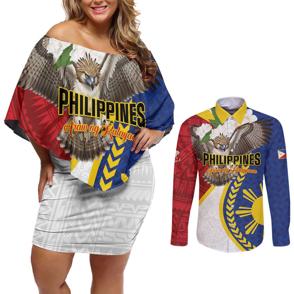 Personalized Philippines Couples Matching Off Shoulder Short Dress and Long Sleeve Button Shirt Filipino Araw ng Kalayaan LT01 Multicolor - Polynesian Pride