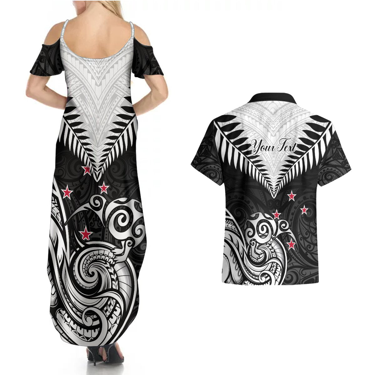 Personalised New Zealand Couples Matching Summer Maxi Dress and Hawaiian Shirt Aotearoa Maori Kiwi Black Fern LT01 - Polynesian Pride