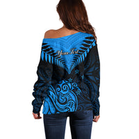 Personalised New Zealand Off Shoulder Sweater Aotearoa Blue Maori Kiwi Blue Fern LT01 - Polynesian Pride
