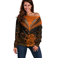 Personalised New Zealand Off Shoulder Sweater Aotearoa Maori Kiwi Orange Fern LT01 Women Orange - Polynesian Pride
