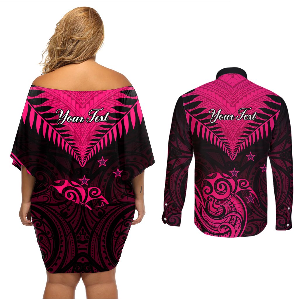 Personalised Aotearoa Couples Matching Off Shoulder Short Dress and Long Sleeve Button Shirts Maori Kiwi Pink Fern LT01 - Polynesian Pride