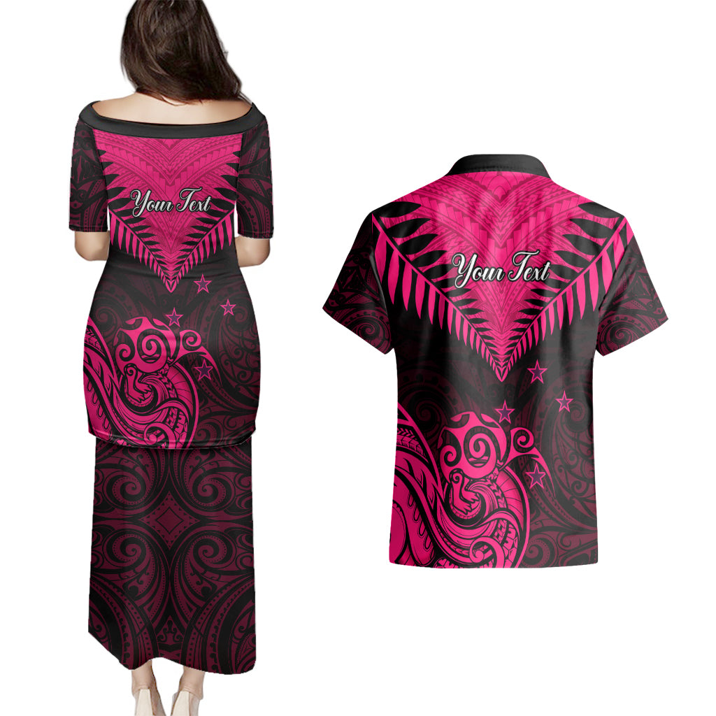 Personalised Aotearoa Couples Matching Puletasi Dress and Hawaiian Shirt Maori Kiwi Pink Fern LT01 - Polynesian Pride