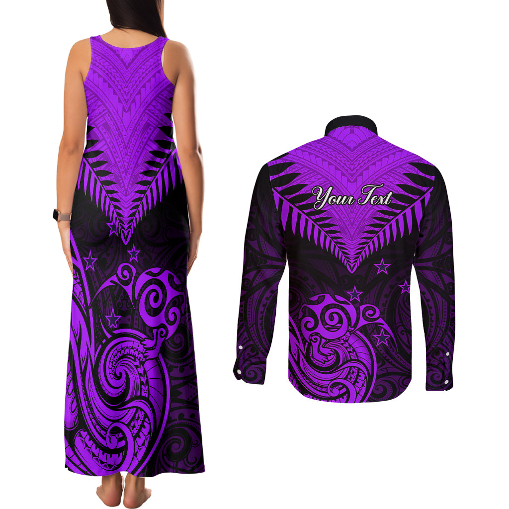 Personalised Aotearoa Couples Matching Tank Maxi Dress and Long Sleeve Button Shirts Maori Kiwi Purple Fern LT01 - Polynesian Pride