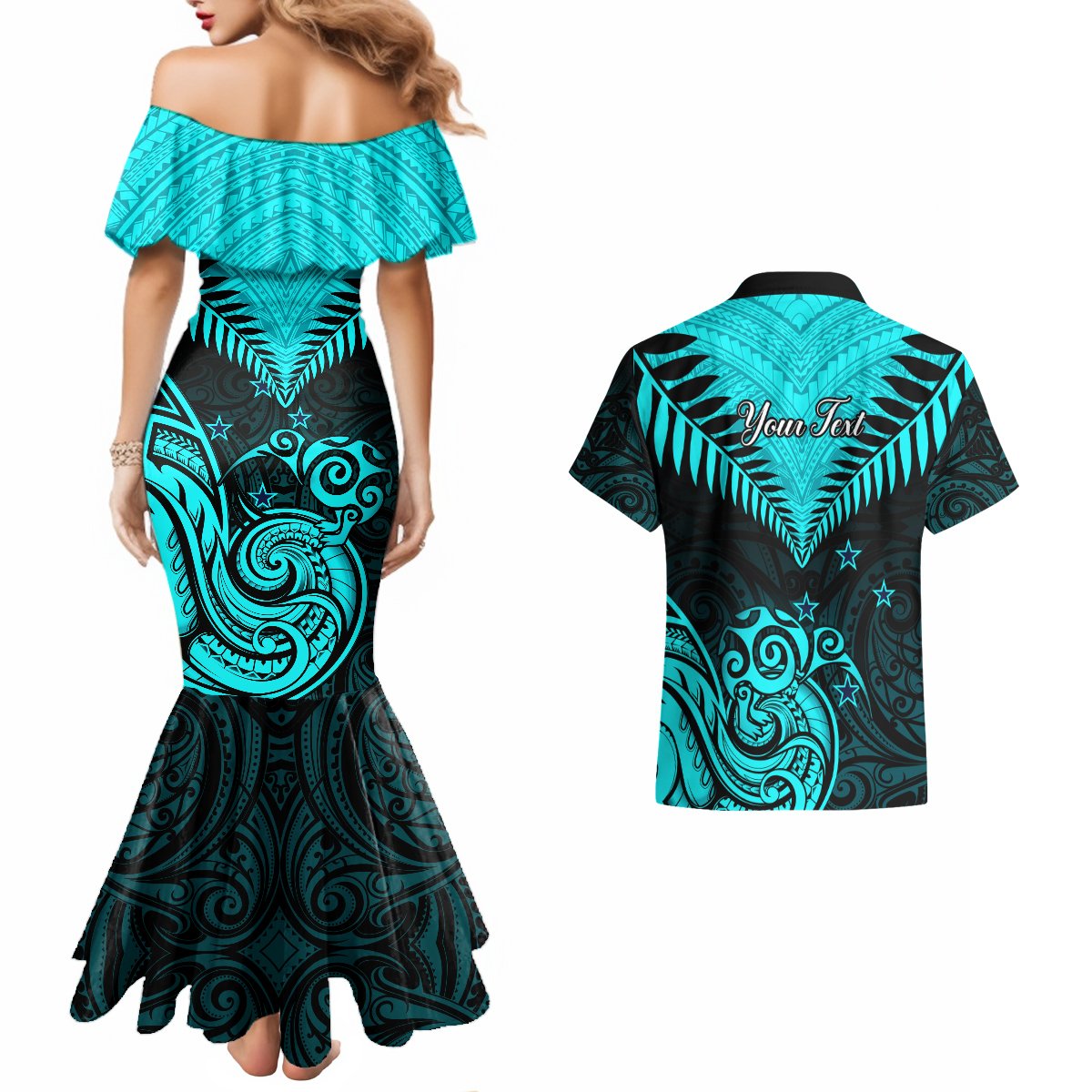 Personalised Aotearoa Couples Matching Mermaid Dress And Hawaiian Shirt Maori Kiwi Turquoise Fern LT01 - Polynesian Pride