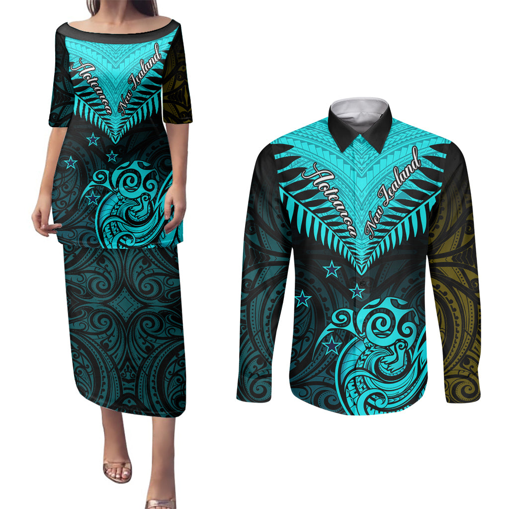 Personalised Aotearoa Couples Matching Puletasi Dress and Long Sleeve Button Shirts Maori Kiwi Turquoise Fern LT01 Turquoise - Polynesian Pride