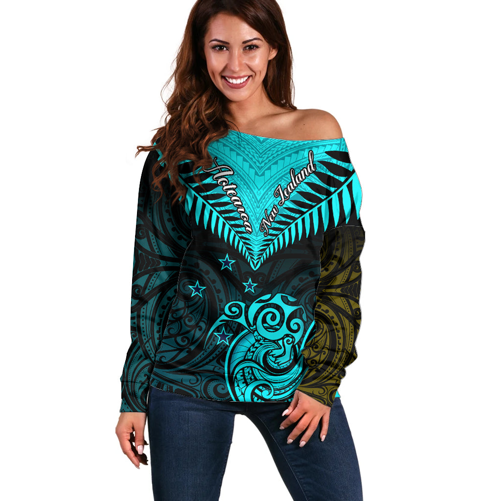 Personalised Aotearoa Off Shoulder Sweater Maori Kiwi Turquoise Fern LT01 Women Turquoise - Polynesian Pride