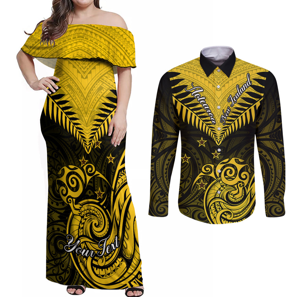 Personalised Aotearoa Couples Matching Off Shoulder Maxi Dress and Long Sleeve Button Shirts Maori Kiwi Yellow Fern LT01 Yellow - Polynesian Pride