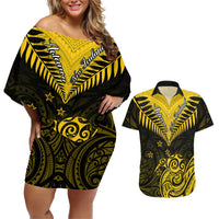 Personalised Aotearoa Couples Matching Off Shoulder Short Dress and Hawaiian Shirt Maori Kiwi Yellow Fern LT01 Yellow - Polynesian Pride