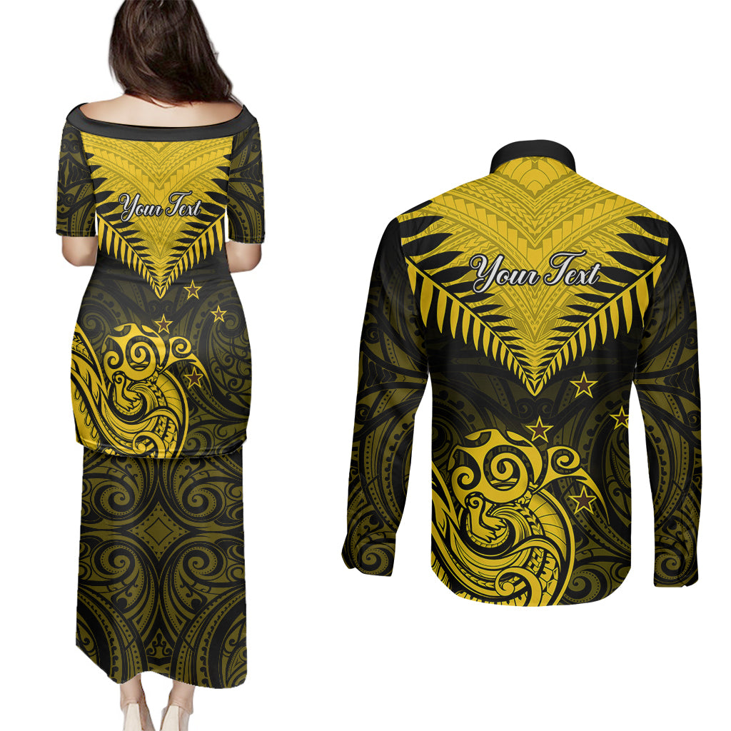 Personalised Aotearoa Couples Matching Puletasi Dress and Long Sleeve Button Shirts Maori Kiwi Yellow Fern LT01 - Polynesian Pride