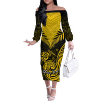 Personalised Aotearoa Off The Shoulder Long Sleeve Dress Maori Kiwi Yellow Fern LT01 Women Yellow - Polynesian Pride