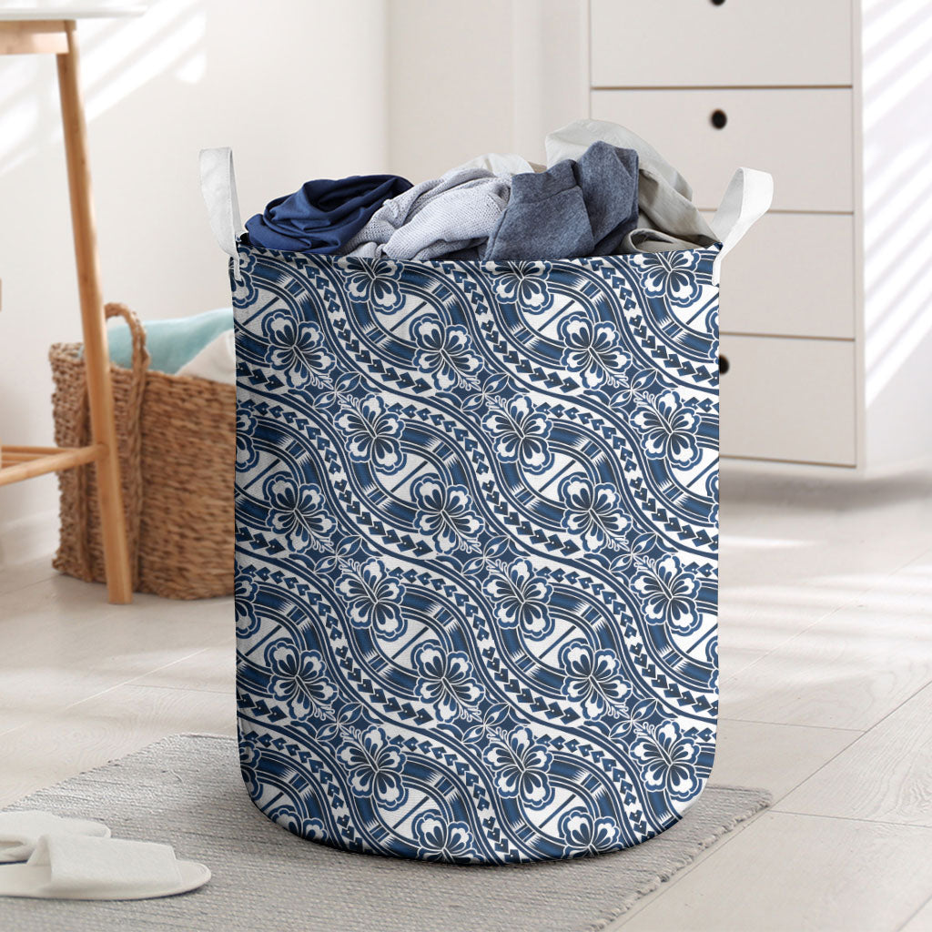 Hibiscus Bloom Island Tribal Waves Laundry Basket Blue Polynesian Pattern