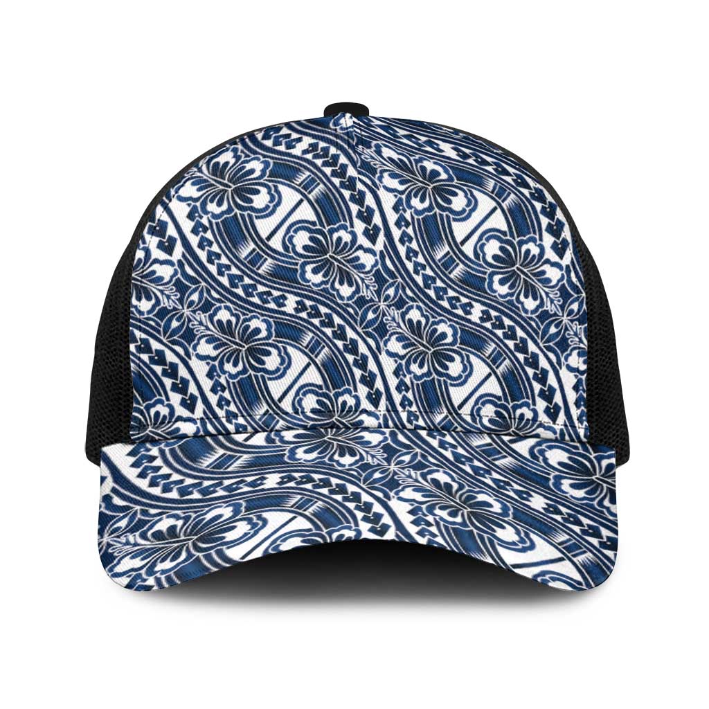 Hibiscus Bloom Island Tribal Waves Baseball Net Cap Blue Polynesian Pattern